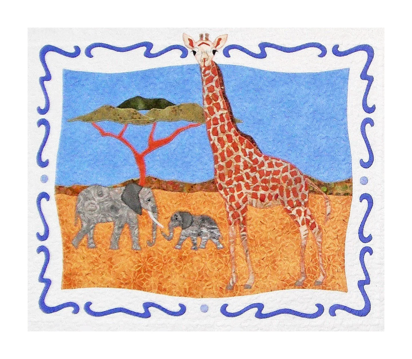 This is a block from a quilt I made a long time ago. I inked all the spots on the giraffe with a Pigma pen and then heat-set it. It was really fun, but a bit tedious. Sooner or later, I'm going to get some grandchildren and hopefully have another opp