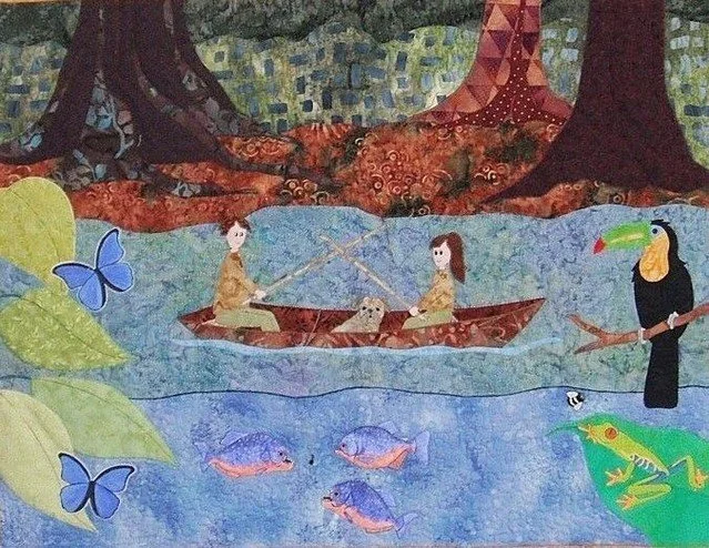 Fishing on the Amazon, a block from a children's quilt I made several years ago. Making the tiny piranhas was a challenge!

#appliquequilt, #Ilovequilts, #quiltlove