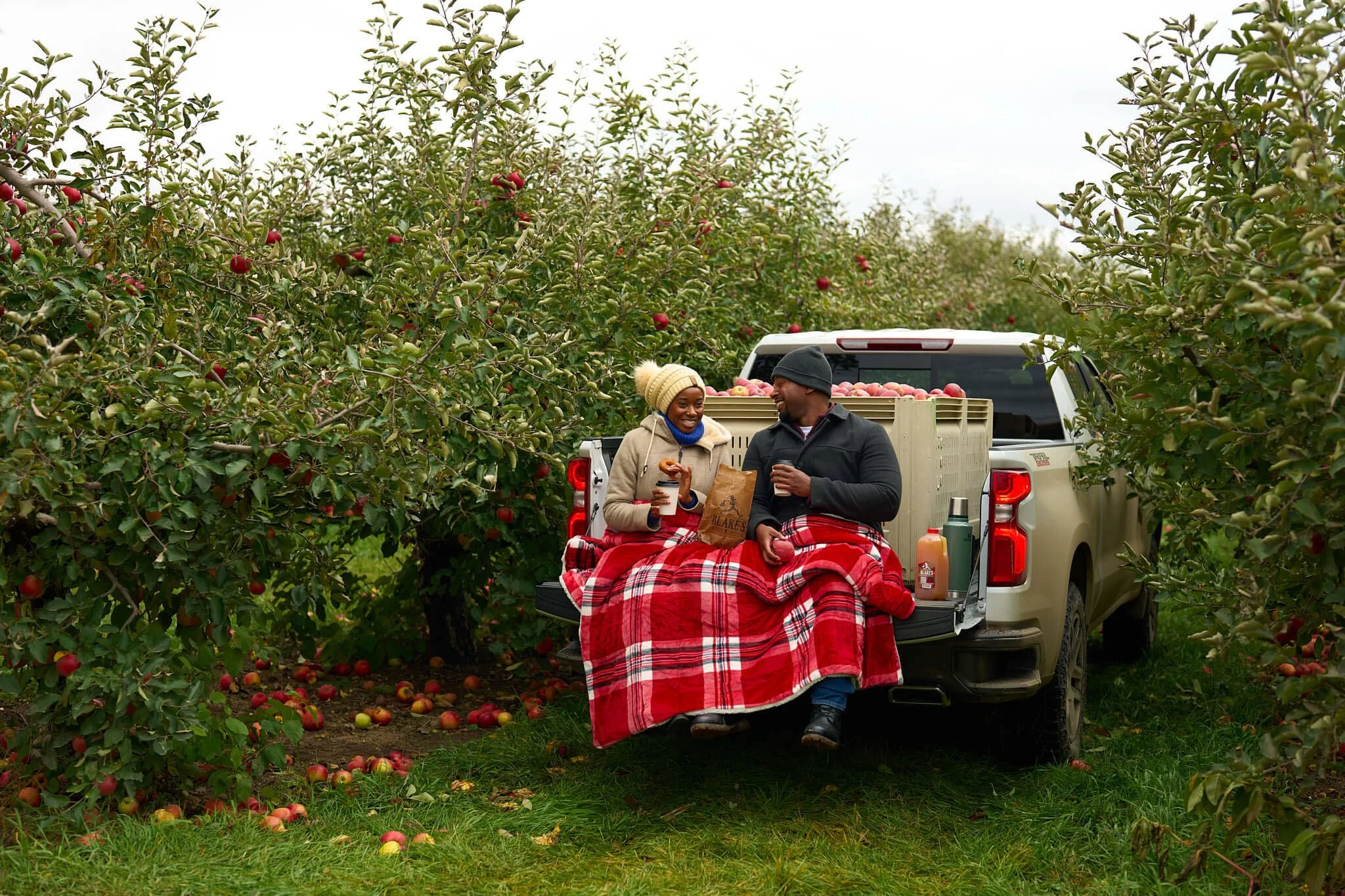A man and woman sitting on the tailgate of a pickup truck in an apple orchard, sharing drinks, with a blanket over their legs. The truck bed is filled with crates of apples, and there are apples scattered on the ground.