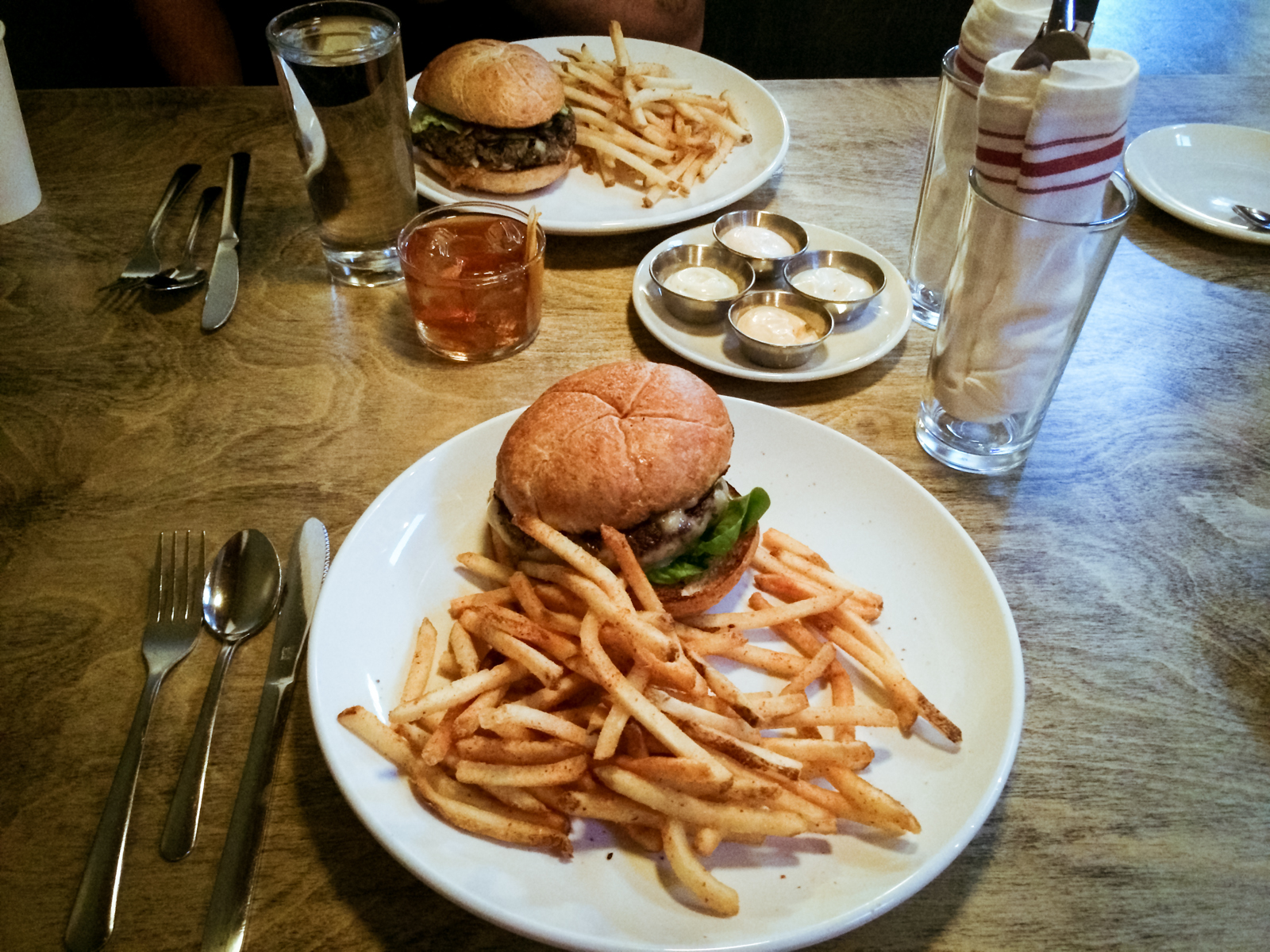 Black bean burger (top), 'Rye' burger (bottom), which was perfectly cooked and absolutely amazing. Spicy fries were great too, served with garlic and spicy aioli.