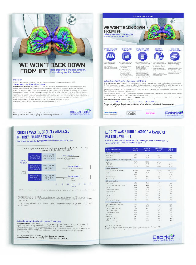 Figure 1. Example of Pharmaceutical advertising publication. Print Brochure. 9in x 12in. Esbriet, Genentech. 2017