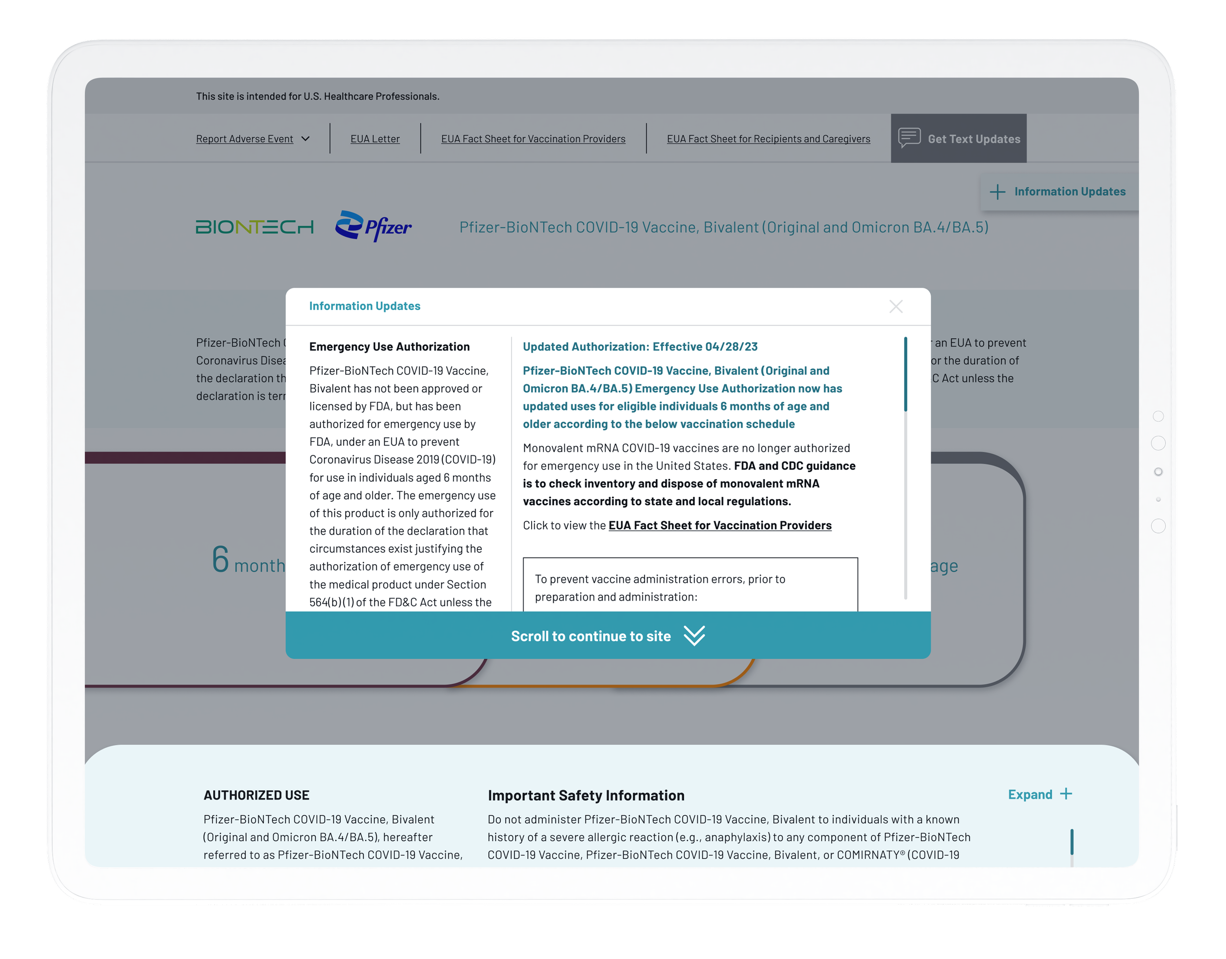 Mockup of pop-up on Pfizer COVID website