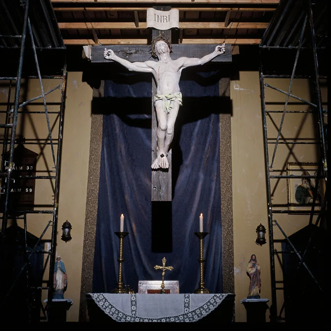 Detail of the large Christ figure and crucifix we had sculpted for the interior of the San Ramos church build.