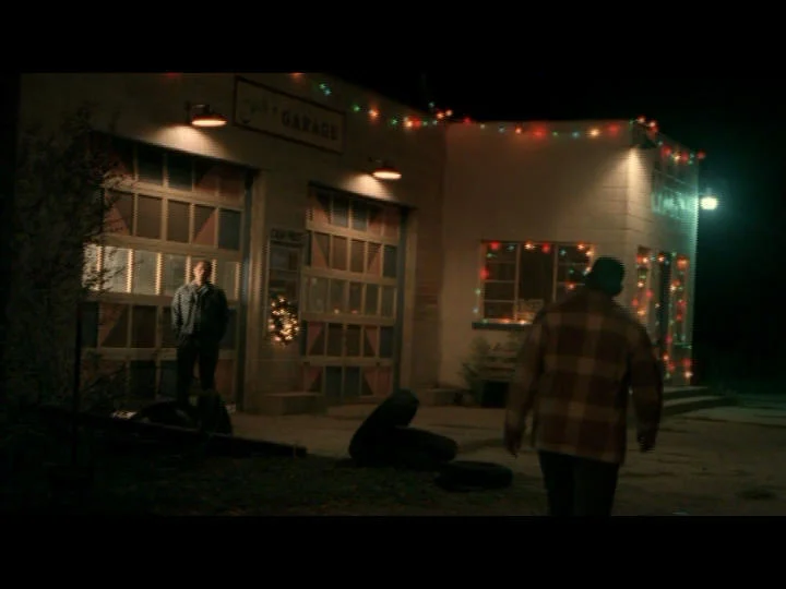 Cuch's (Wes Studi) Garage getting into the Christmas spirit.