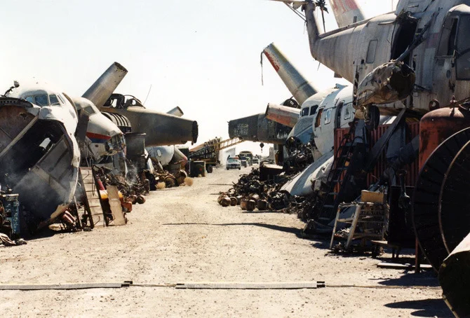 A shot looking down the snout of the airplane graveyard. I can't remember how many truck and train loads of aeronautical junk was used to create this set in the Nevada desert.