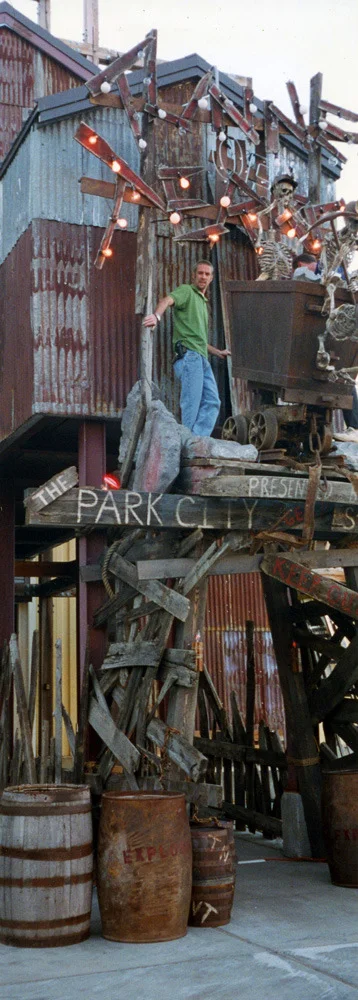 "Rickety" railway and careening mine cart full of skeleton miners for the entrance of Park City Silver Mine's haunted Halloween event.