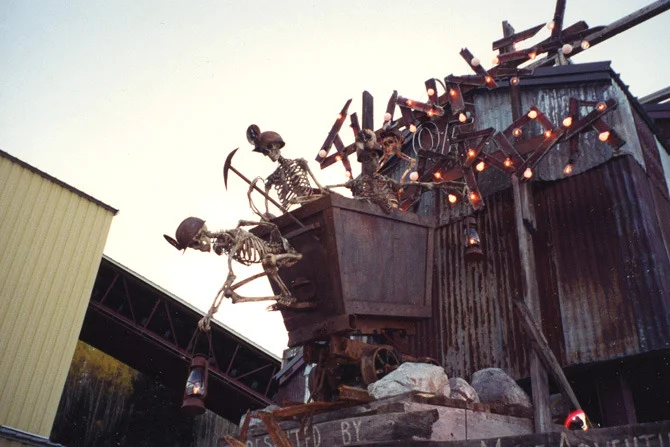 Detail of the runaway skeleton mine cart for the entrance of Park City Silver Mine's Halloween event.