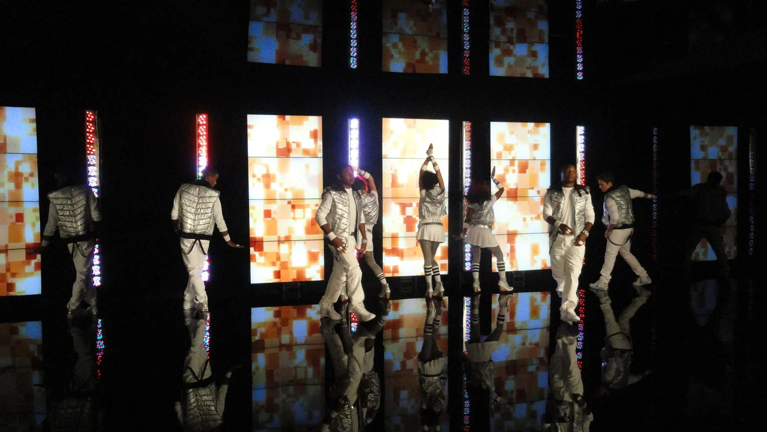 Another single-performance, music video style set in club Off the Street, this time for the debut of up and coming hip hop star Kris (Trevor Jackson). This sits in the same opening as the giant, fragile, raked mirror set, which was torn out overnight and replaced with this sleek, black void. 
