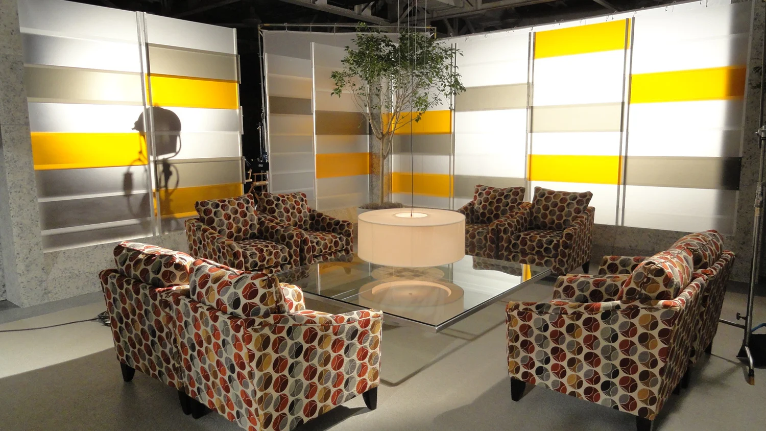 The Atlanta Records recording studio set we built looks out through huge glass windows to the waiting area, so we duplicated that little patch of the Suntrust lobby on stage.