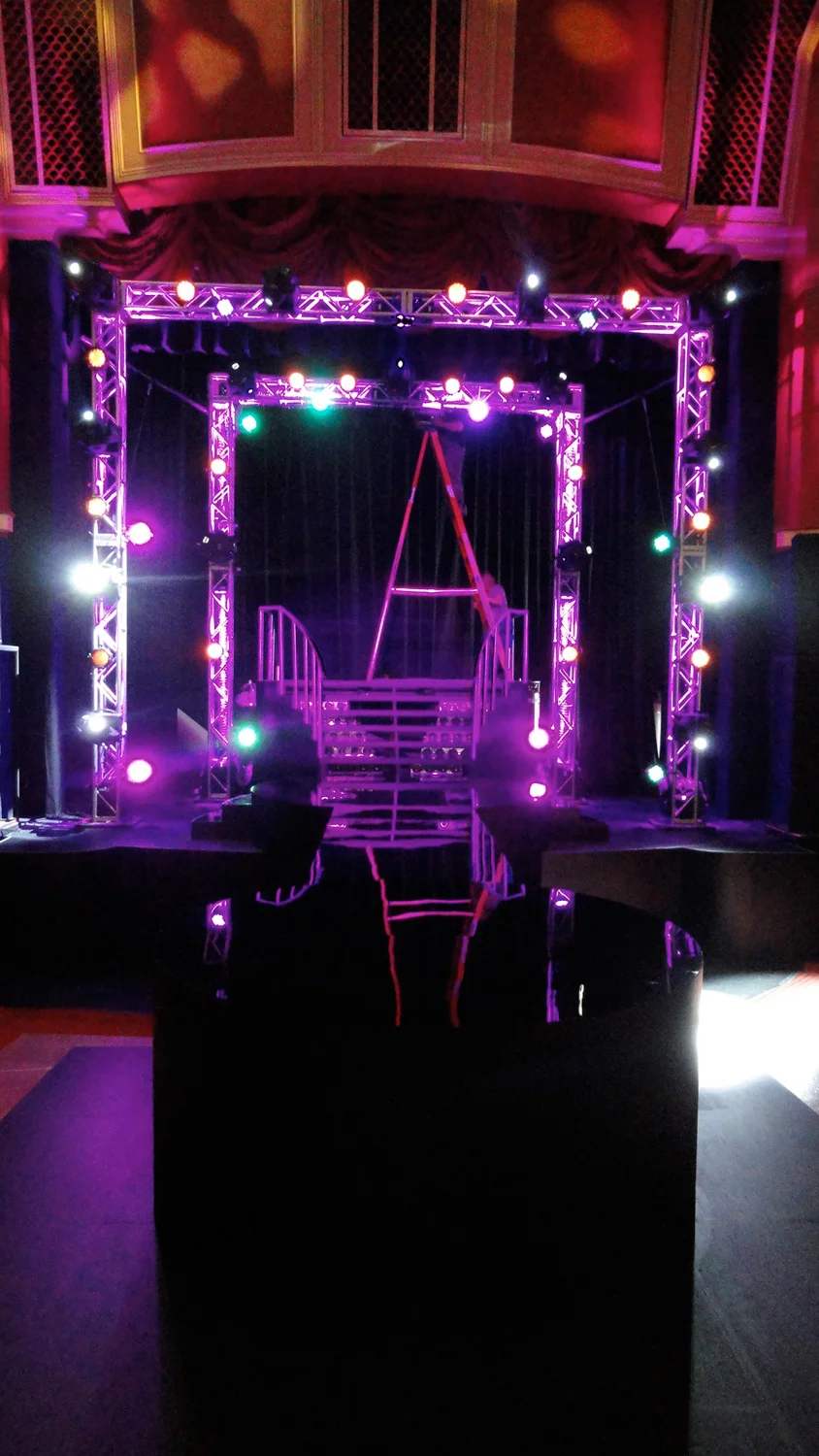 Elongated rap battle stage and stairs for the final, marquee rap competition.