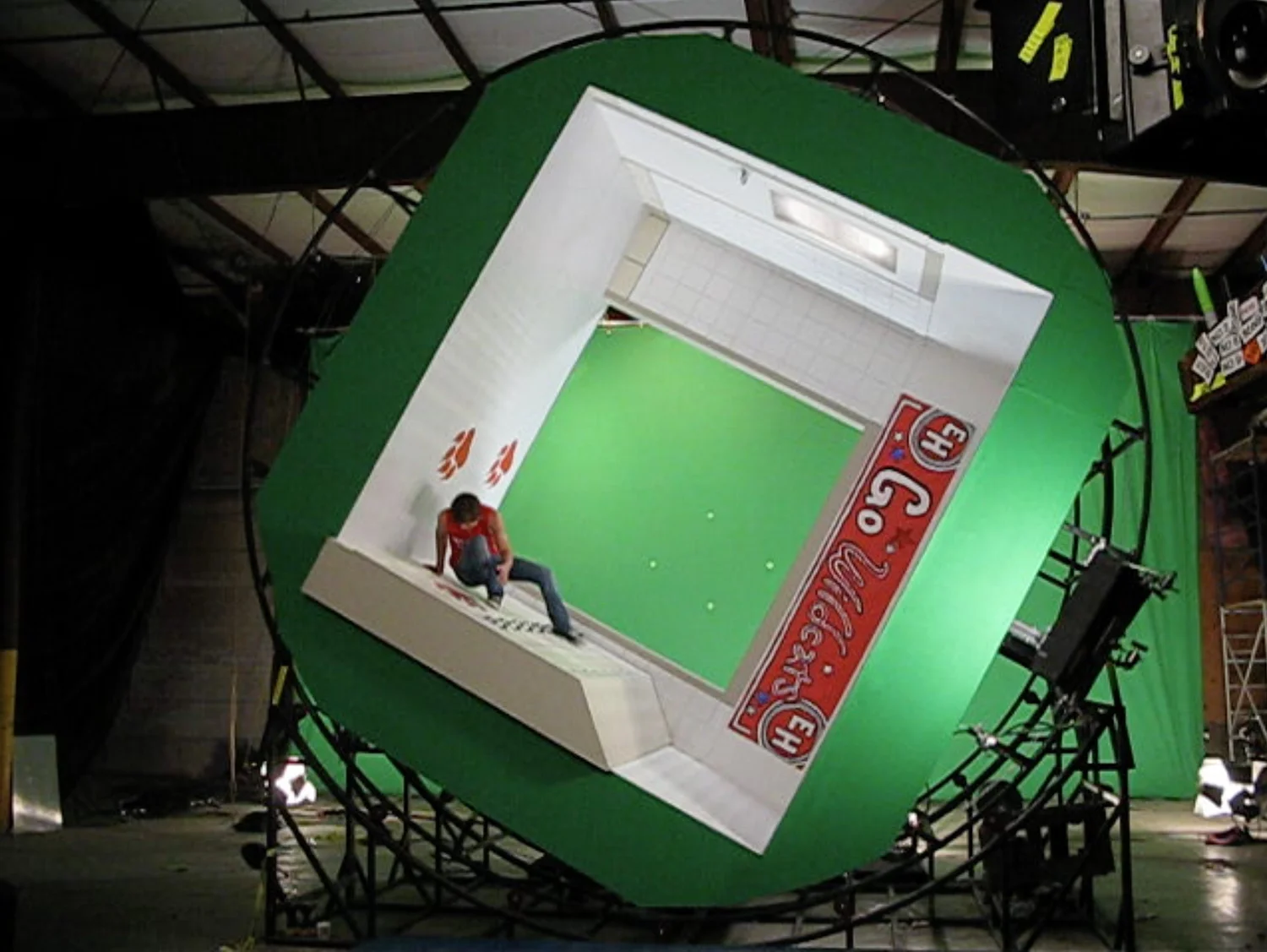"Scream". Troy's (Zach Efron) angsty solo "Scream" required a sort of Fred Astaire moment, but unlike Astaire, his world was turning upside down. We built this chunk of hallway in a rotating rig, and VFX built the rest.