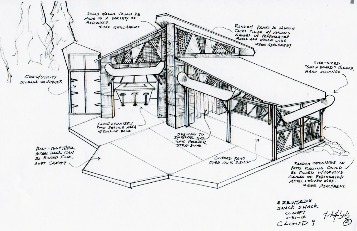 Sketch of the snow boarder's Snack Shack for Cloud 9. 