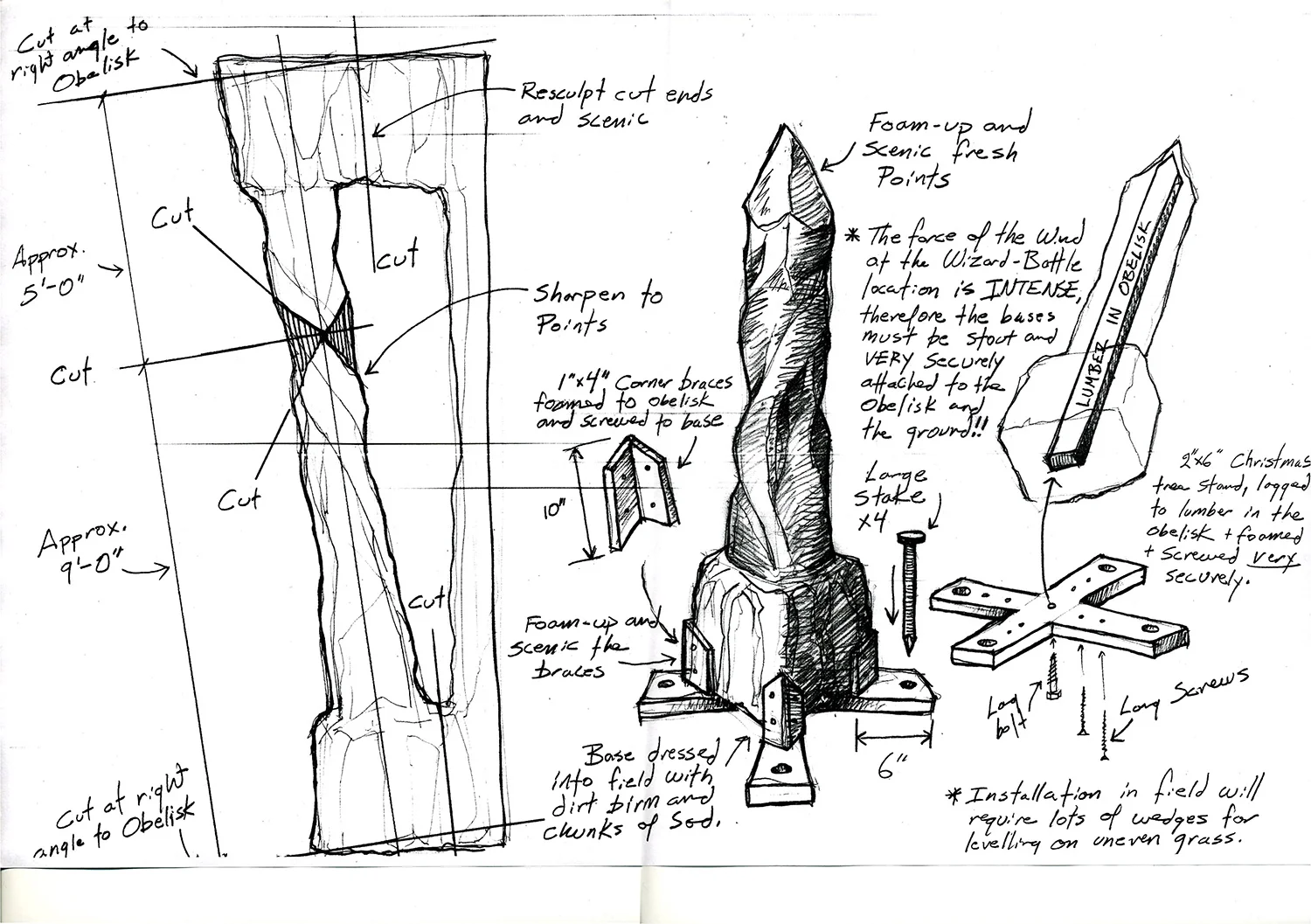 This working drawing illustrates how we pulled the "stone" columns out of the "Wizard Cave" and re-purposed them to be used as the obelisks for the Wizard Battle" scene from "The Wizards of Waverly Place: The Movie" (2009).