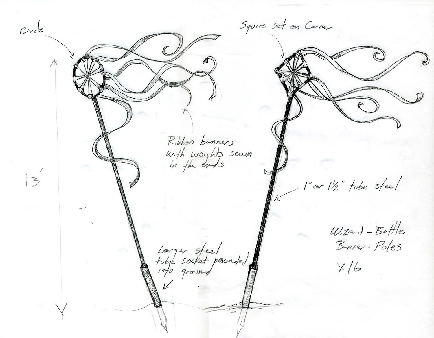 Here is a working drawing for a ring of mystical ribbon-banners that surrounded the concentric stone circles for the "Wizard Battle" scene from "The Wizards of Waverly Place: The Movie"(2009).
