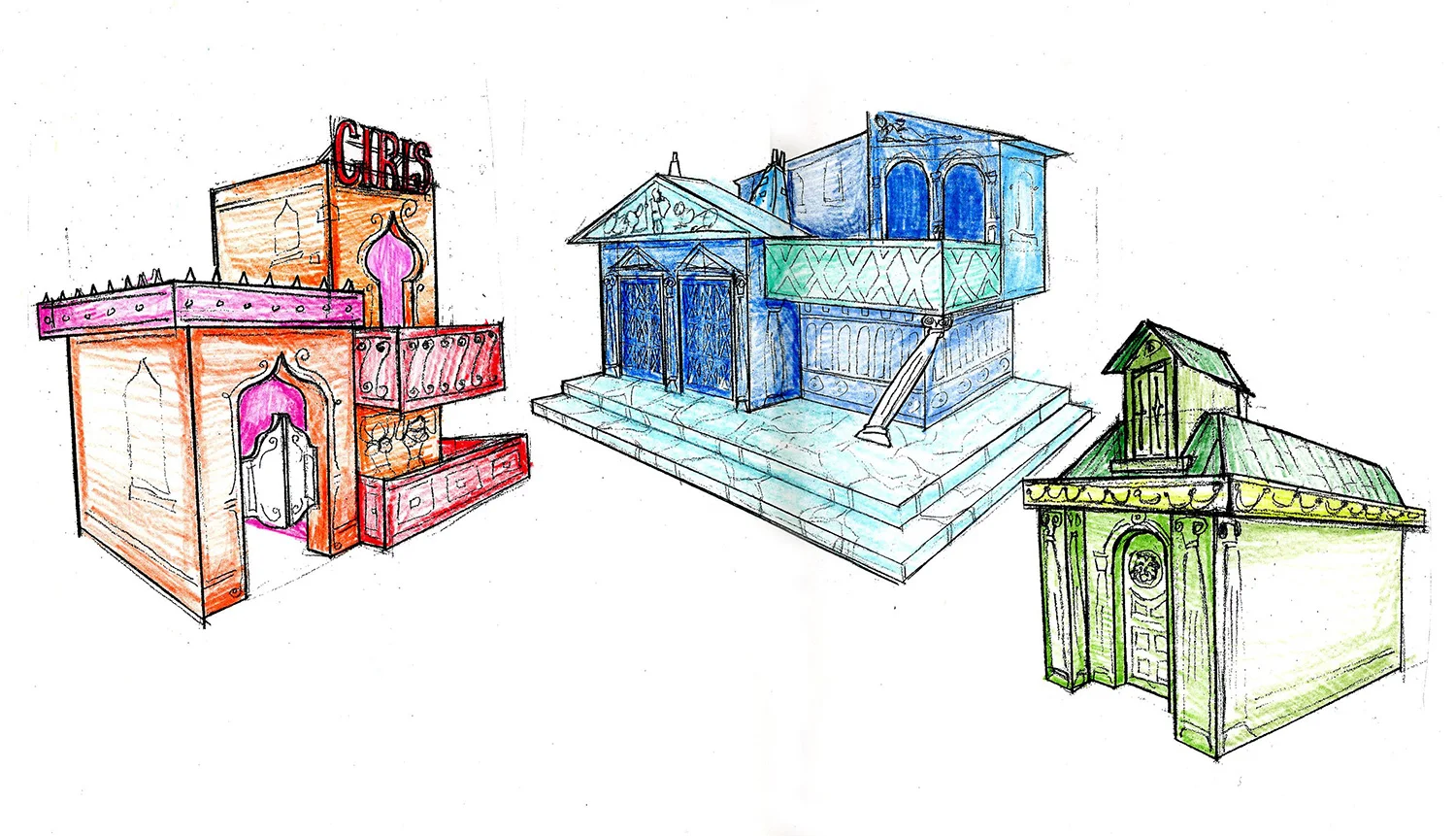 Final color sketch for the Roman street scene in "A Funny Thing Happened on the way to the Forum".