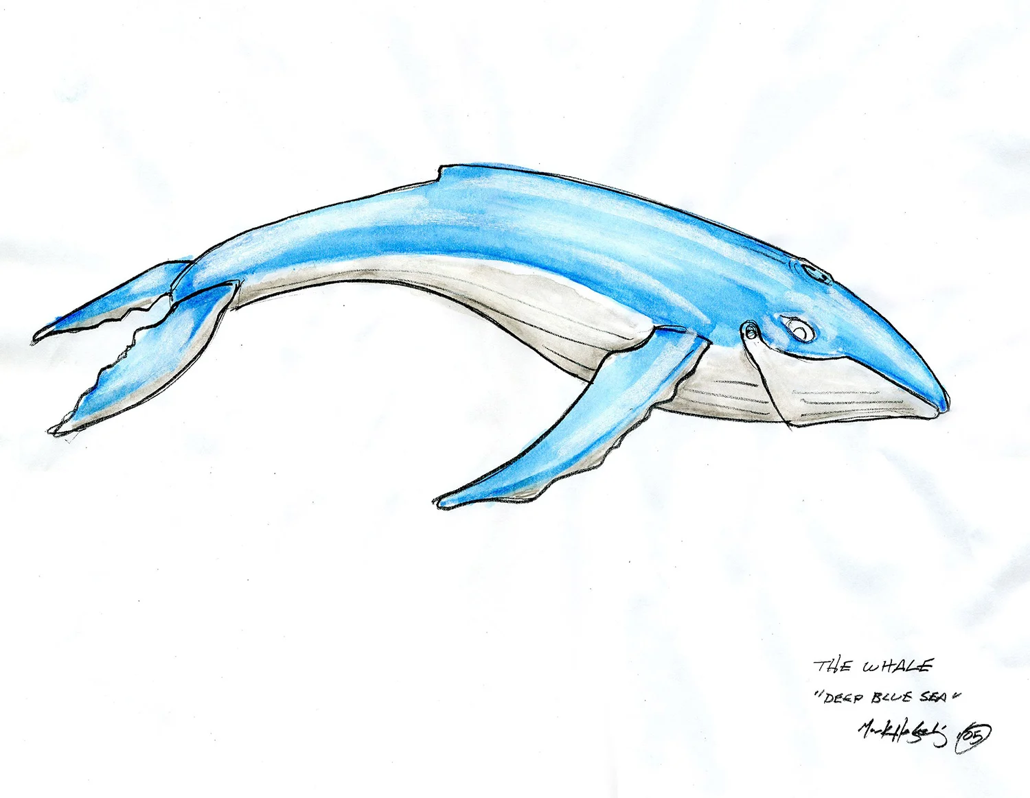 Full-color working drawing for the articulated whale for the "Deep Blue Sea" themed prom scene from "Read it and Weep" (2006).
