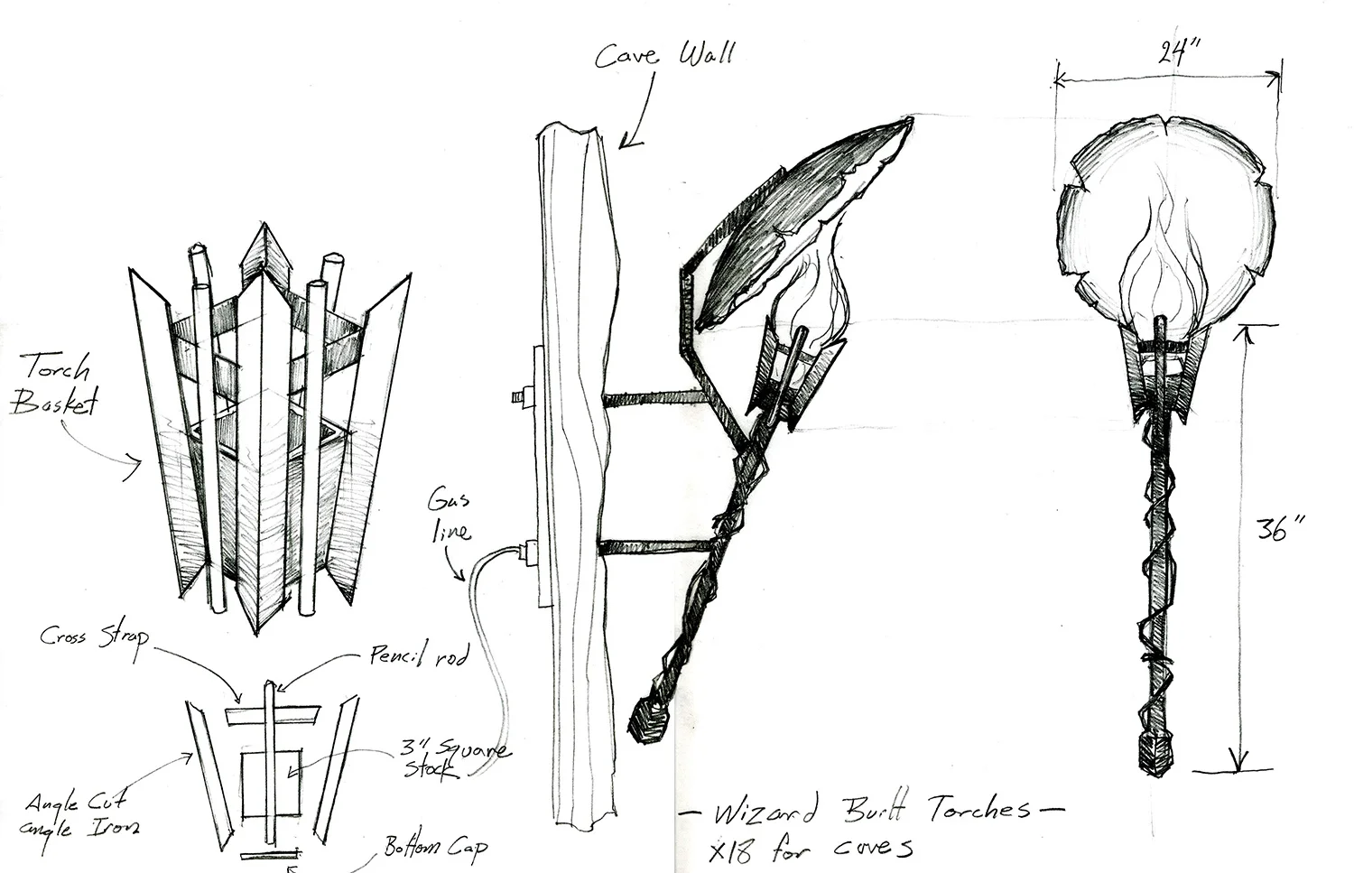 A working drawing for the torches and hammered reflectors for the "Wizard Cave" from "The Wizards of Waverly Place: The Movie" (2009).