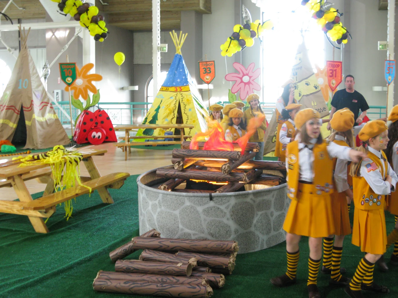 A detail shot of the indoor "campfire" of the Bumble Bee scouts Camporee.