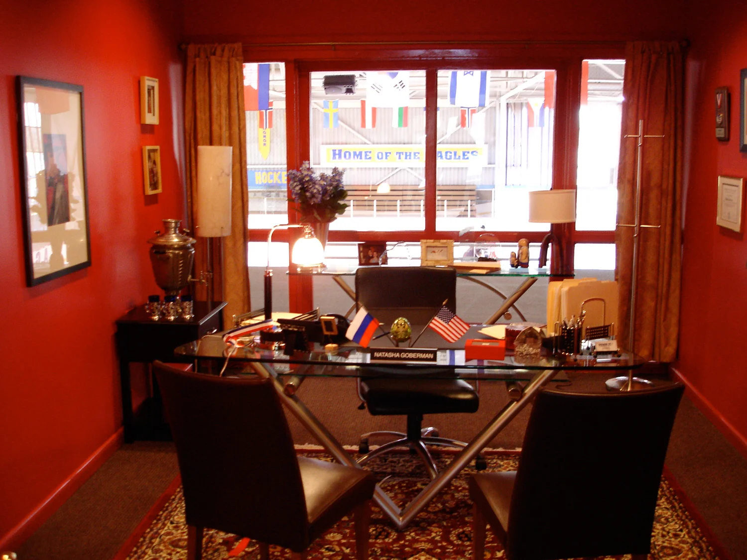 This is Natasha's (Cristine Rose) office. She is a strict, severe Russian figure skating coach. We built this on the rise above the skating rink so she would have a view of the skaters below.