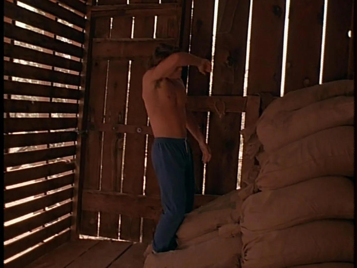 Interior of Wa Tho Huk's (Russell Means) grain shed build.