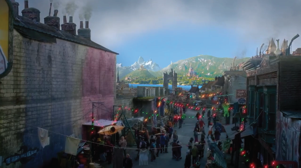 A view across the slum of the Isle of the Lost looking toward beautiful Auradon across the bay. (Disney Publicity photo)