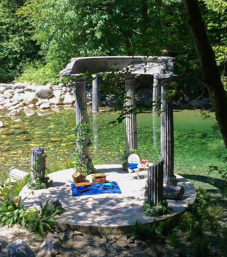Eden is an especially enchanted place in the enchanted kingdom of Auradon. Young Prince Ben brings Mal here for their first date. I wanted to create a gorgeous ruin from the age of Auradon's heroism to set the stage for their budding romance. We humped this Greek style temple into the beauty of Lynn Canyon outside Vancouver.