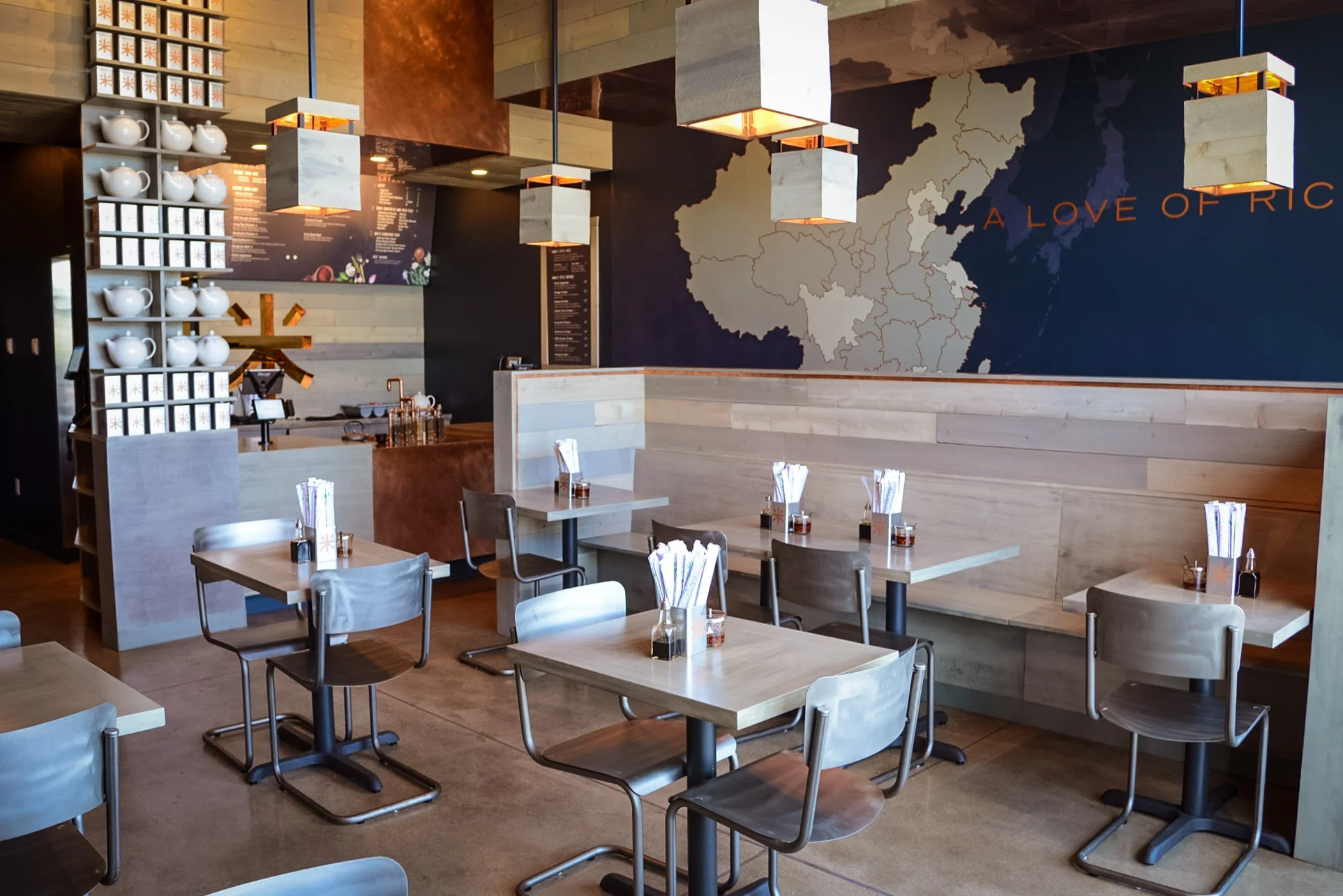 In 2015 me and my company Creative Services Bureau were contacted by Greg Walker of B-WOW to assist in the finishing of Riced, a fast casual restaurant in Utah. We built custom fixtures and did all the custom staining and woodwork.