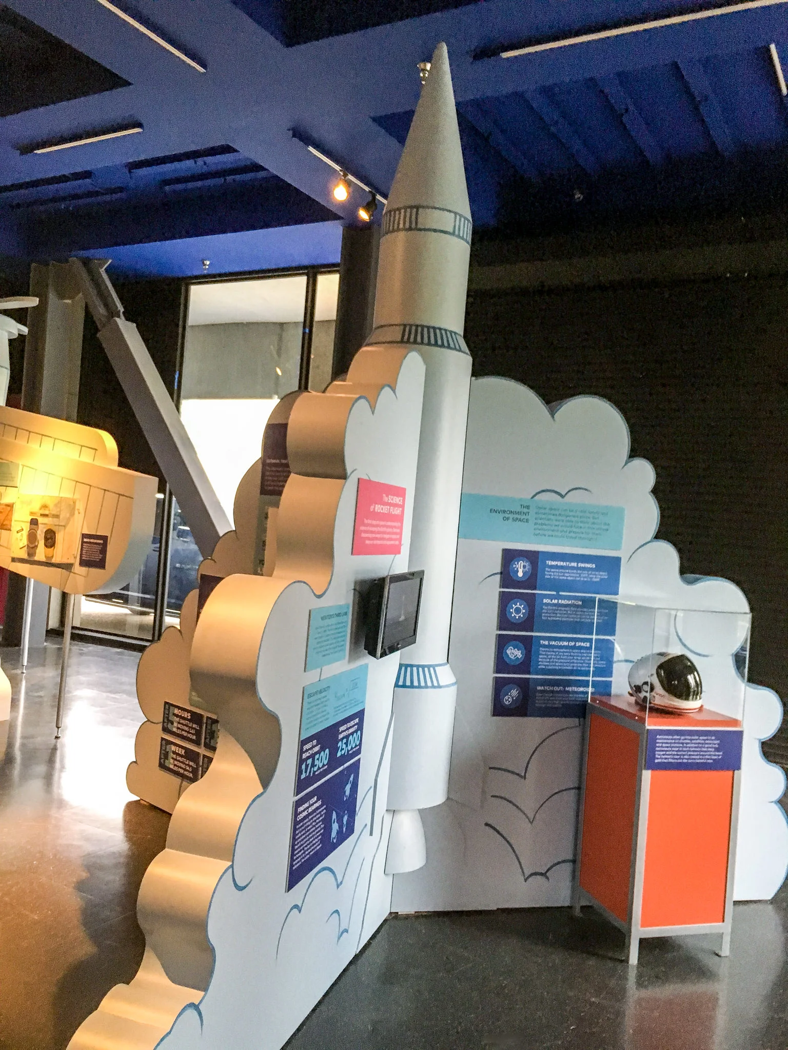 Flight is accomplished by three different methods - Aerodynamic, Buoyant, and Ballistic. We conceived three themed kiosks for the presentation of this information. Here is the ballistic kiosk.