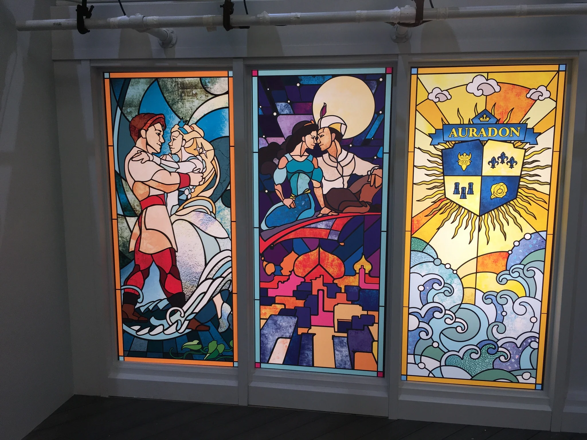 A detail of the stained glass windows on the yacht True Love, here celebrating Cinderella and Aladdin. 