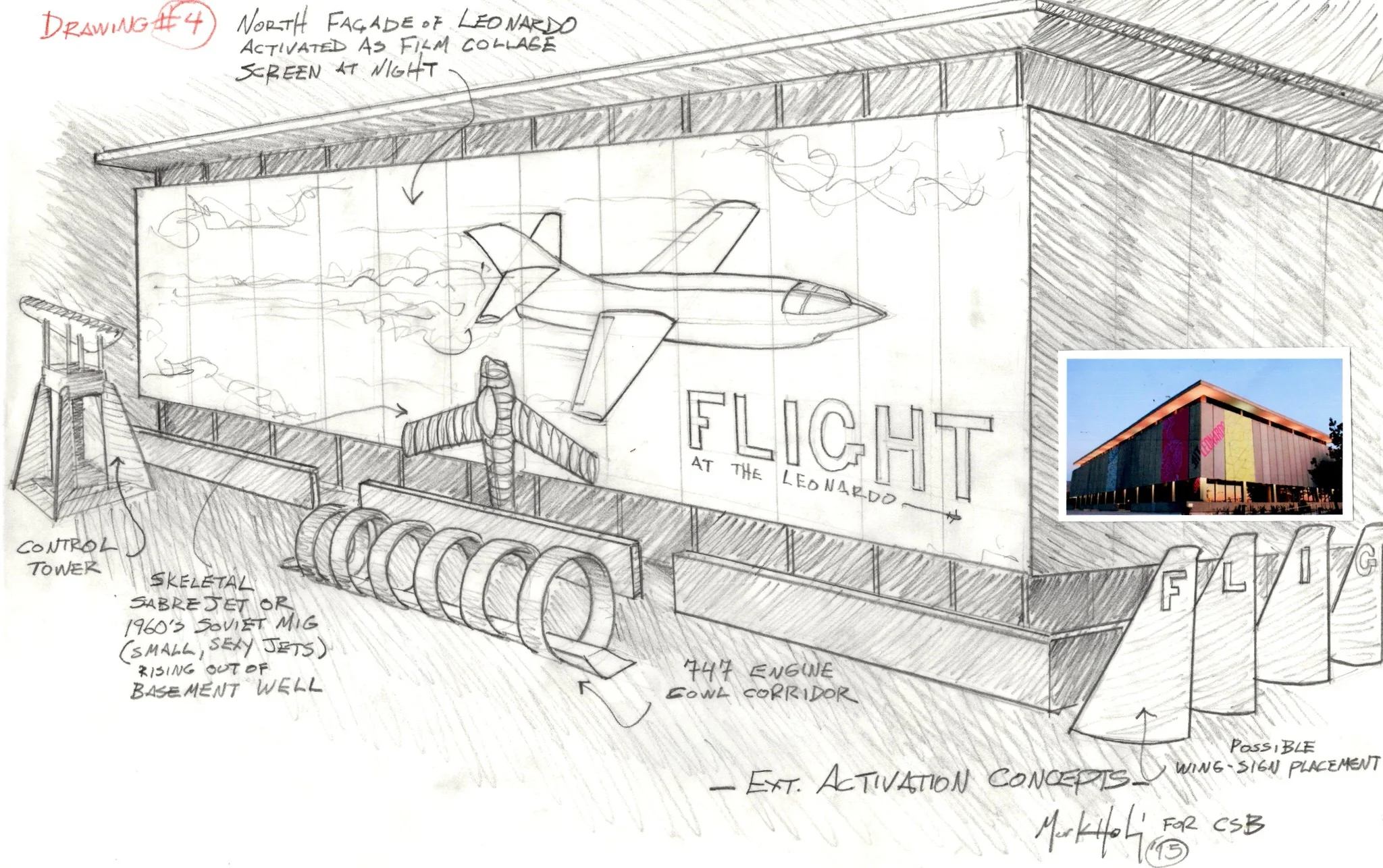 This is the first drawing in a deck of concept sketches I did for the FLIGHT exhibition at the Leonardo in Salt Lake City. This was a blue-sky proposal for the exterior of the building.