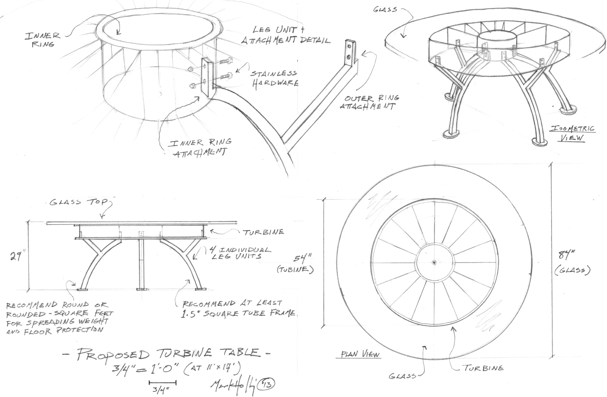 I partnered with an aircraft recycler to repurpose large aircraft engine parts into a furniture line. Here's the sketch of the first prototype.