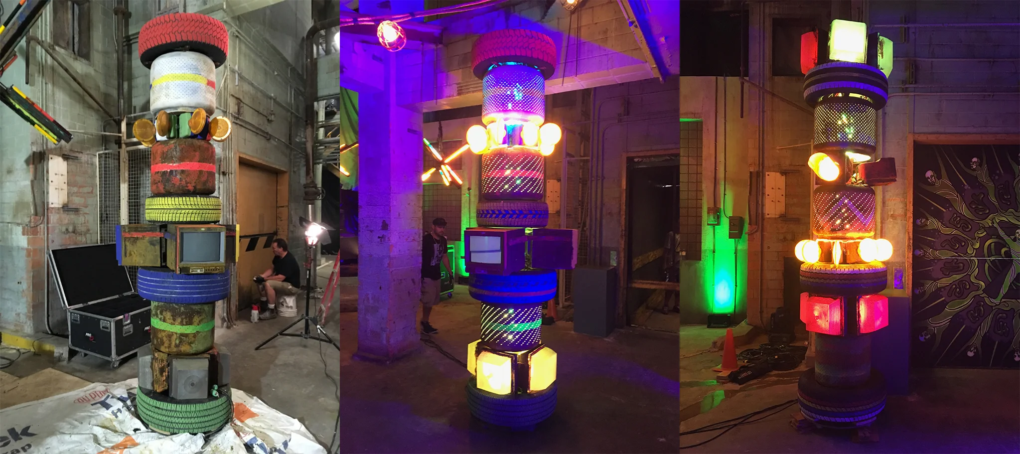 We constructed these "totem poles" out of tires, washing machine drums, flasher barricade lights, old surveillance TVs etc. Like all the other zombie-style lights they had a huge range of light options built in.