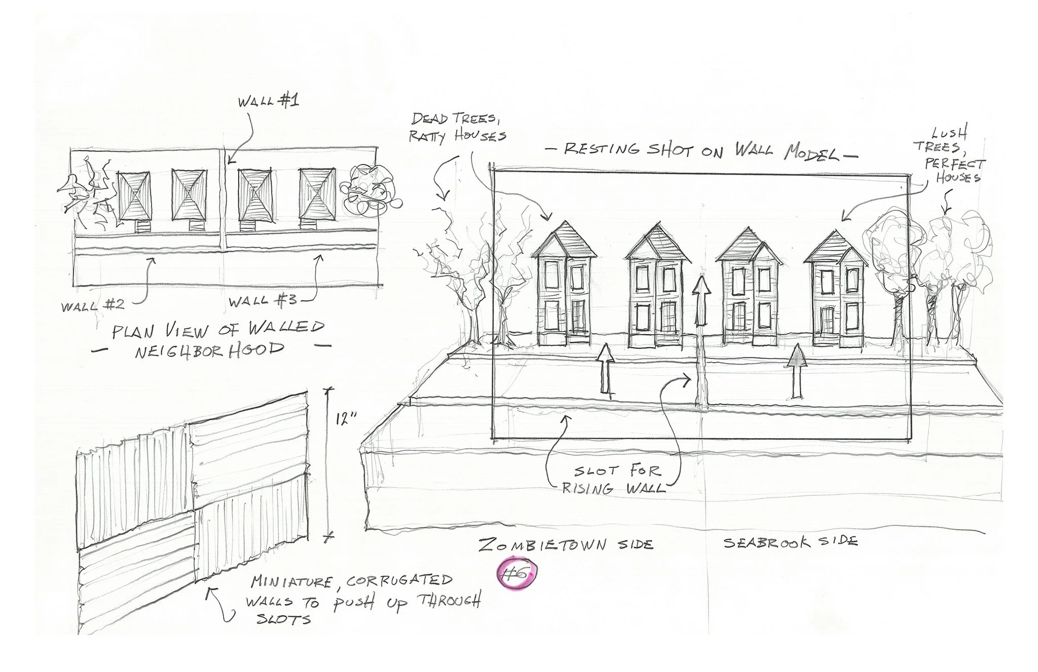... a miniature idyllic, Seabrook neighborhood, suddenly divided by a wall that rises out of a slot in the "ground". Lighting cues sell the blight of the zombie side and the white picket fence perfection of the human side. Camera the moves to...