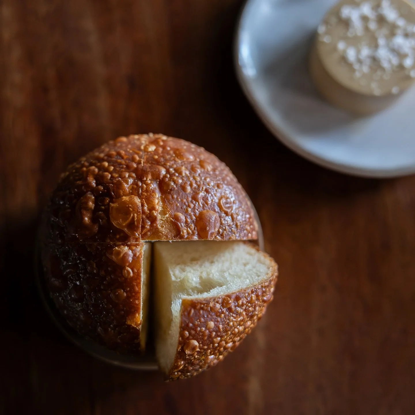 Bread &amp; Butter; Lancer wheat @doolin_agriculture sourdough is finished by using a brioche style method which gives it a lighter finish with a sour flavour. Served with yoghurt cultured butter that&rsquo;s infused roasted koji paste and finished w