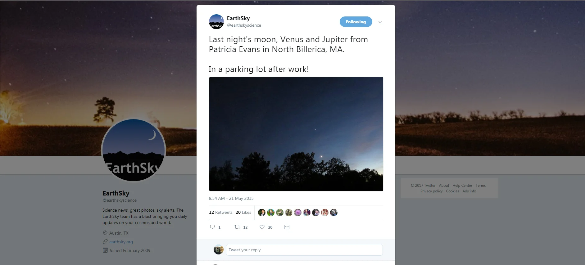 EarthSky @ earthskyscience 21 May 2015 Last night's moon, Venus and Jupiter from Patricia Evans in North Billerica, MA. In a parking lot after work! https://twitter.com/earthskyscience/status/601370529682063361