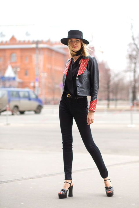 Pair a leather jacket with super skinnies and a dope hat. Via Harper's Bazaar .