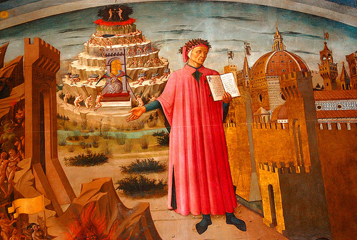 Dante, avistado aqui a relaxar no cenário da composição da Comédia.