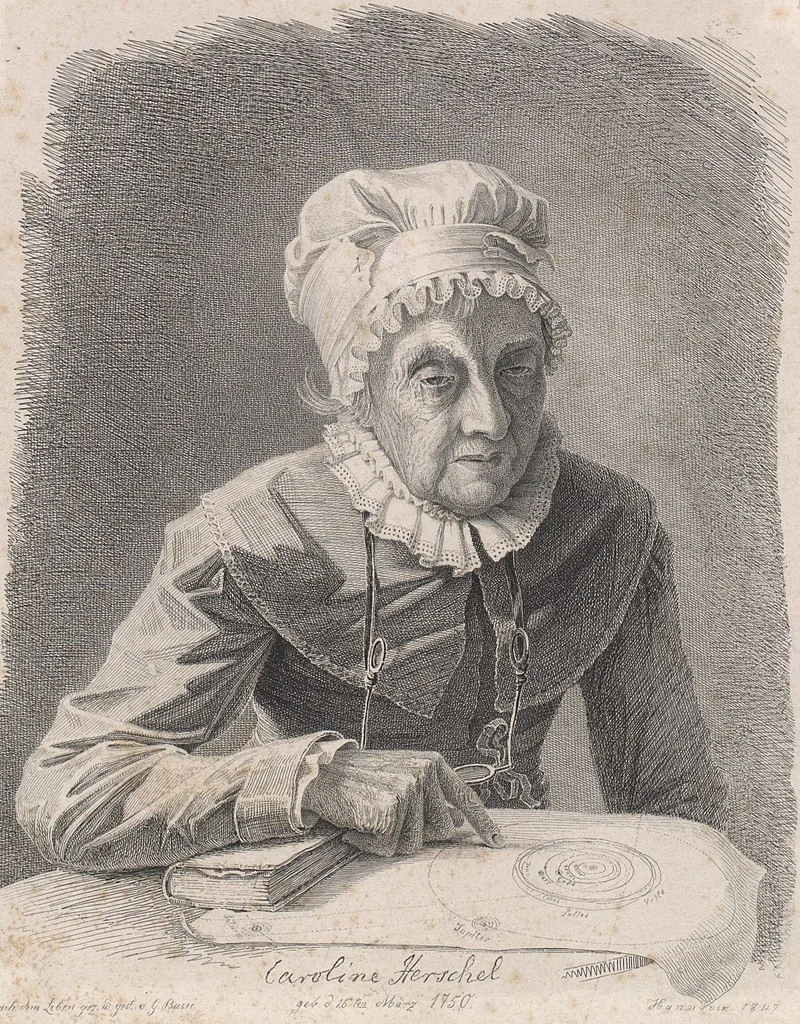 Litografia de 1847. Caroline Herschel com mais ou menos 97 anos de idade.