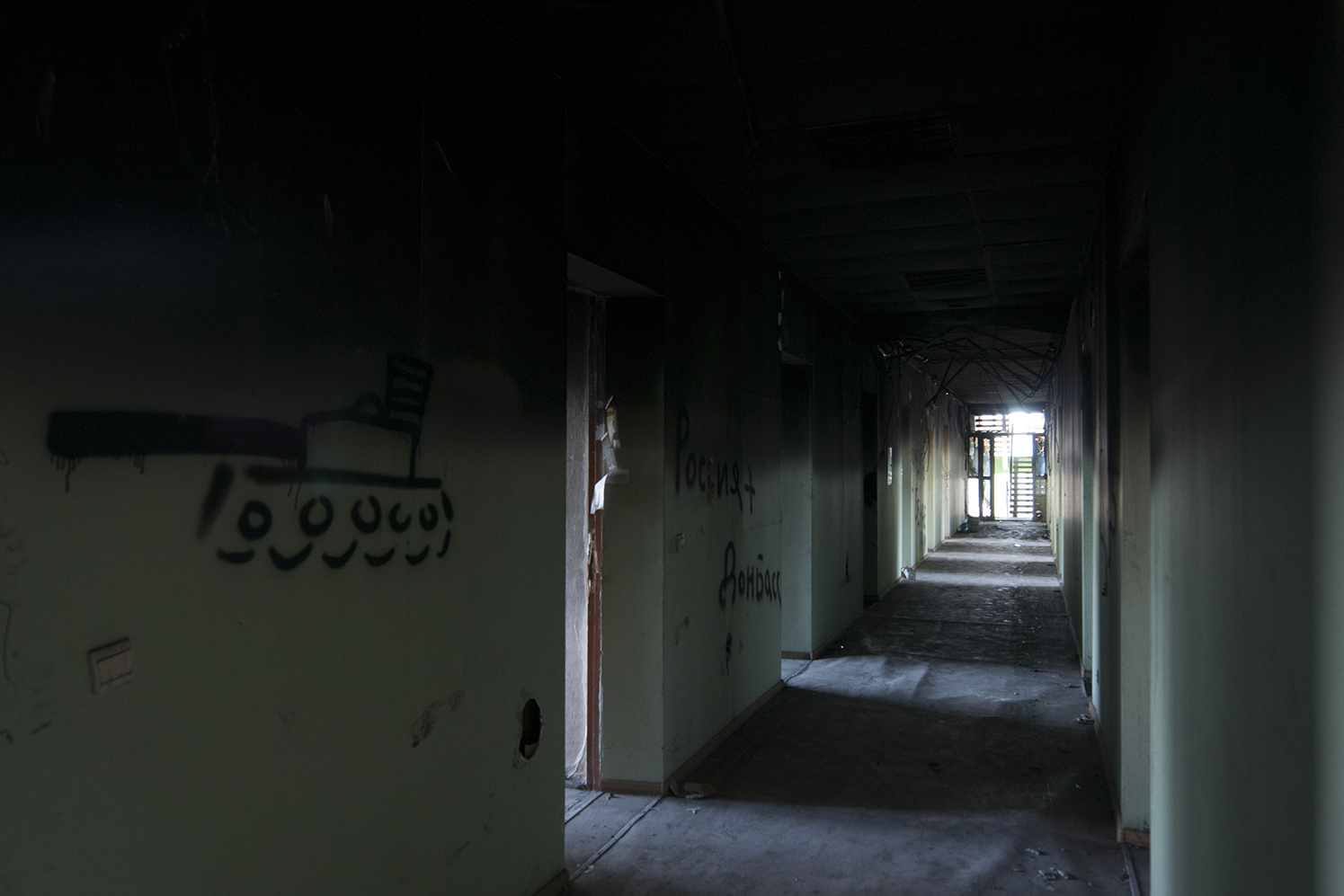 Top floor of a public building which cought fire while the Ukrainian Army was clearing it from separatist earlier this year