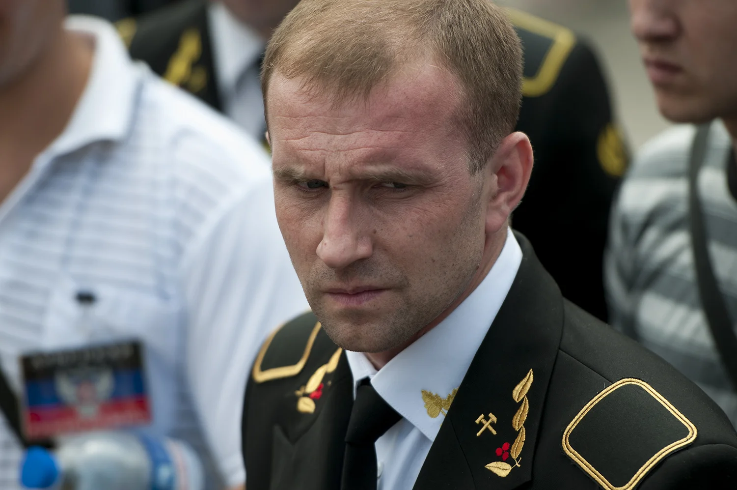 Miner at the demonstration in favor of the Donetsk People's Republic, Lenin Square