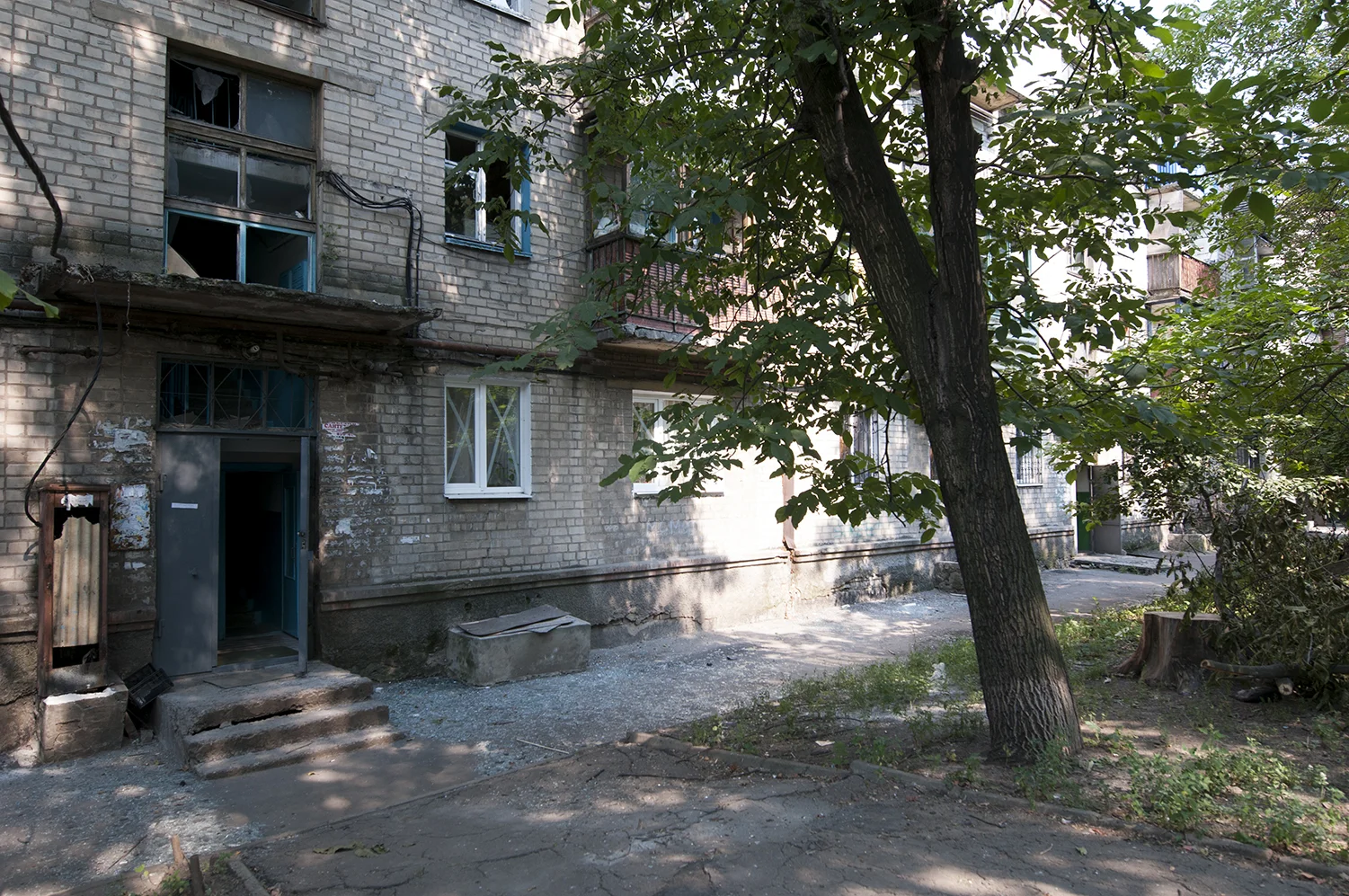Scattered glass which have been blown away by the shelling that took place during the evening of the 9th August in the north part of Donetsk