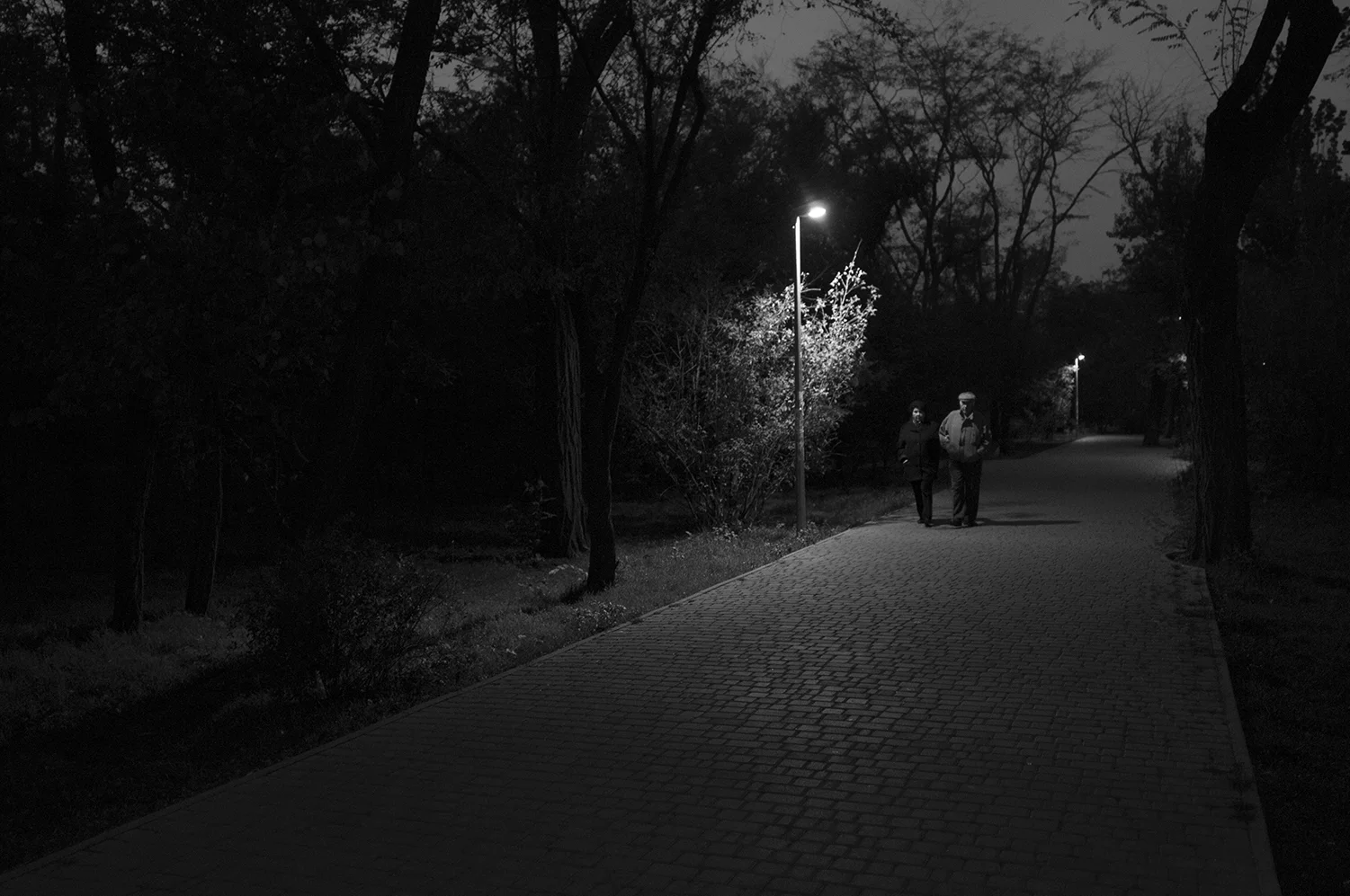 Old couple wondering into the darkness of Tarasa Shevchenka Park