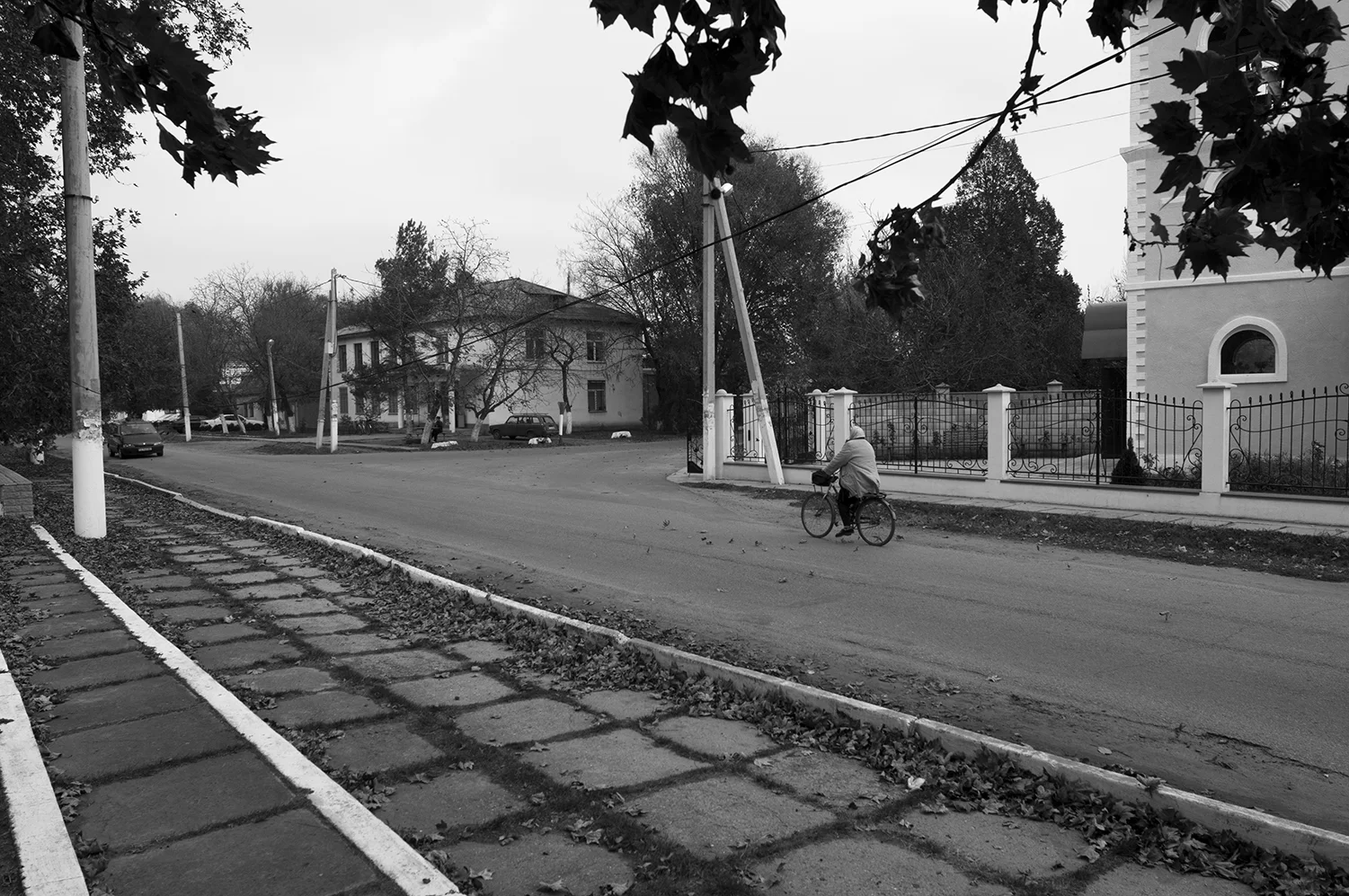 Babushka cycling in the streets of her village