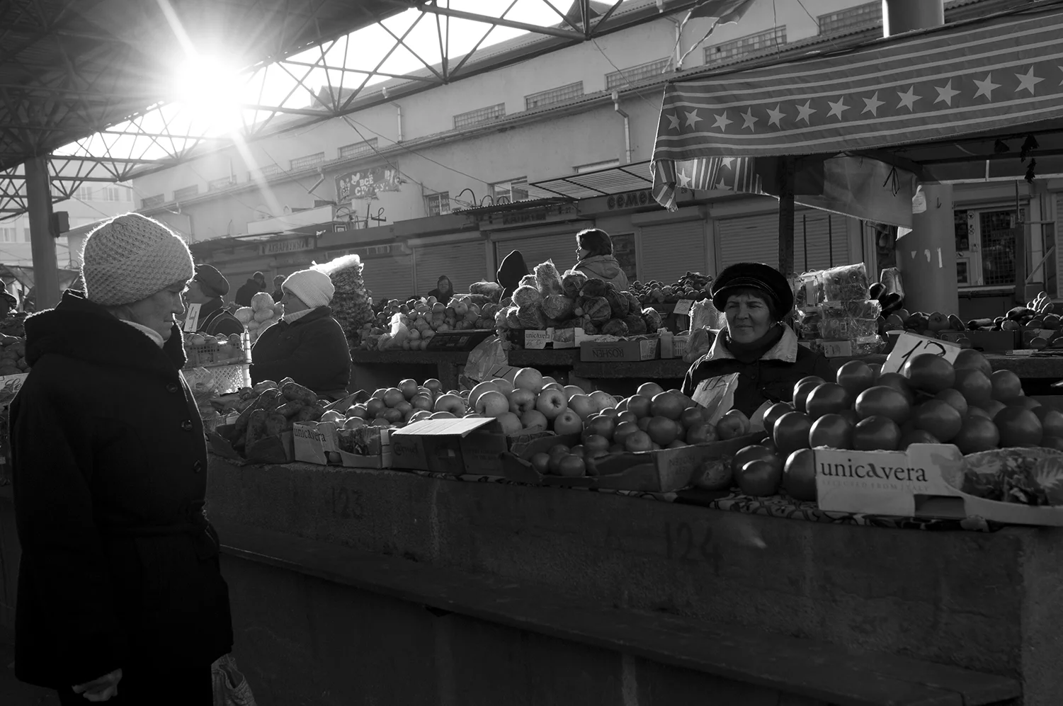 Sun setting over Bender open market