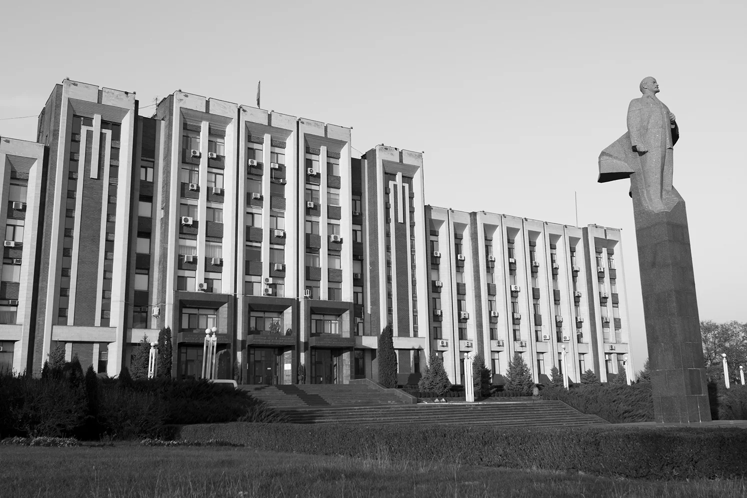 Statue of Lenin standing in front of the Transnistria parliament building in the center of Tiraspol 