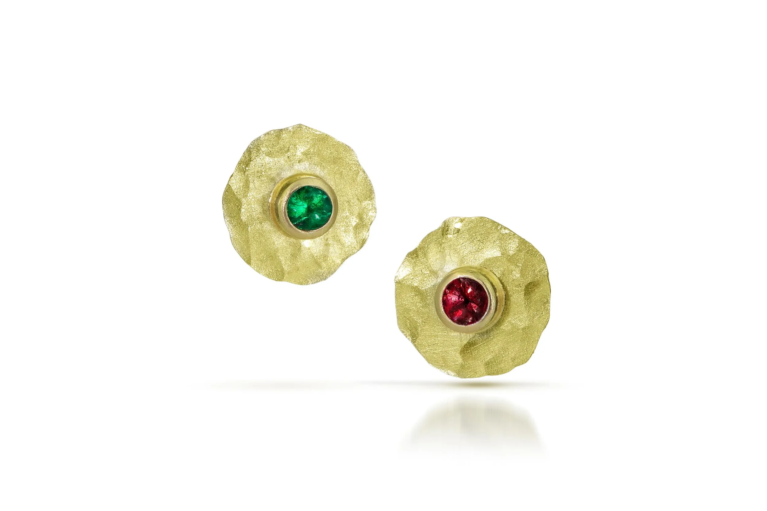 Smushes became the final title for these 18ky hammered blobs of gold. I love the euphonic nature of the word smush. Symbolizing lateral red port and green starboard navigation lights. We&rsquo;re all searching for something. You are the captain of yo