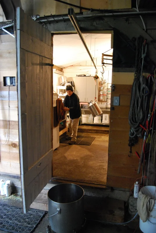Track system conveys heavy milk jug to pouring bench