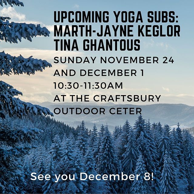 Hi! I will be out of town tomorrow celebrating my sister&rsquo;s birthday, and again next weekend for Thanksgiving. The excellent @vtshakti and @mjkeg will be subbing my Sunday AM yoga class while I&rsquo;m away. Enjoy! I&rsquo;ll be back to regularl