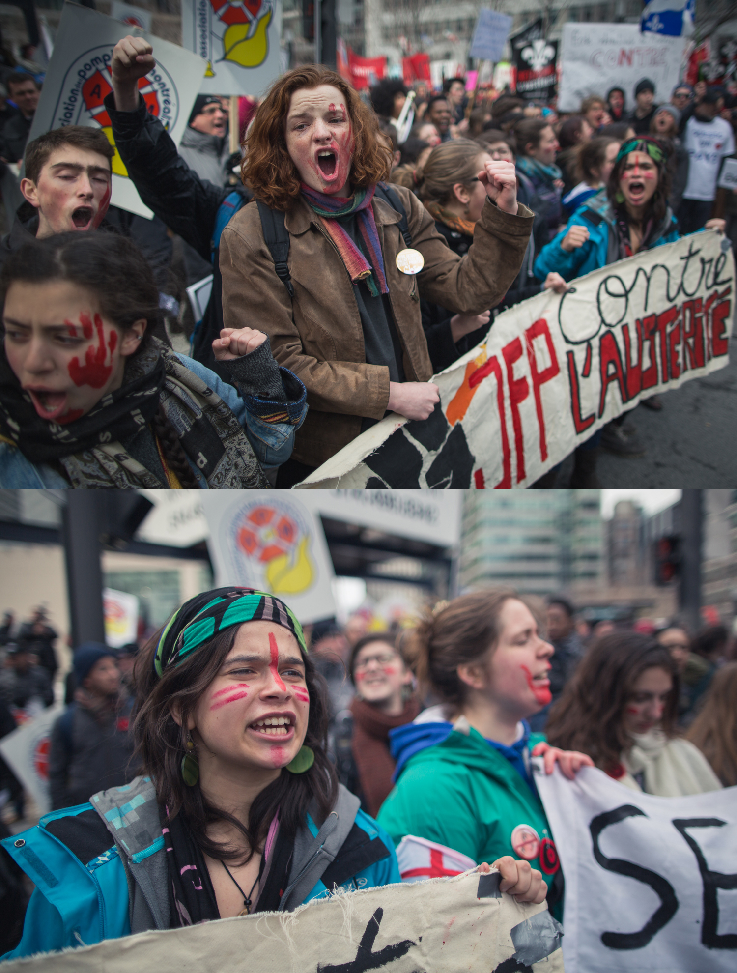 J'ai couvert la manifestation du 2 avril contre l'austérité à Montréal, pour le plaisir, mais j'ai finalement publié une photo dans le Globe and Mail (celle du haut).