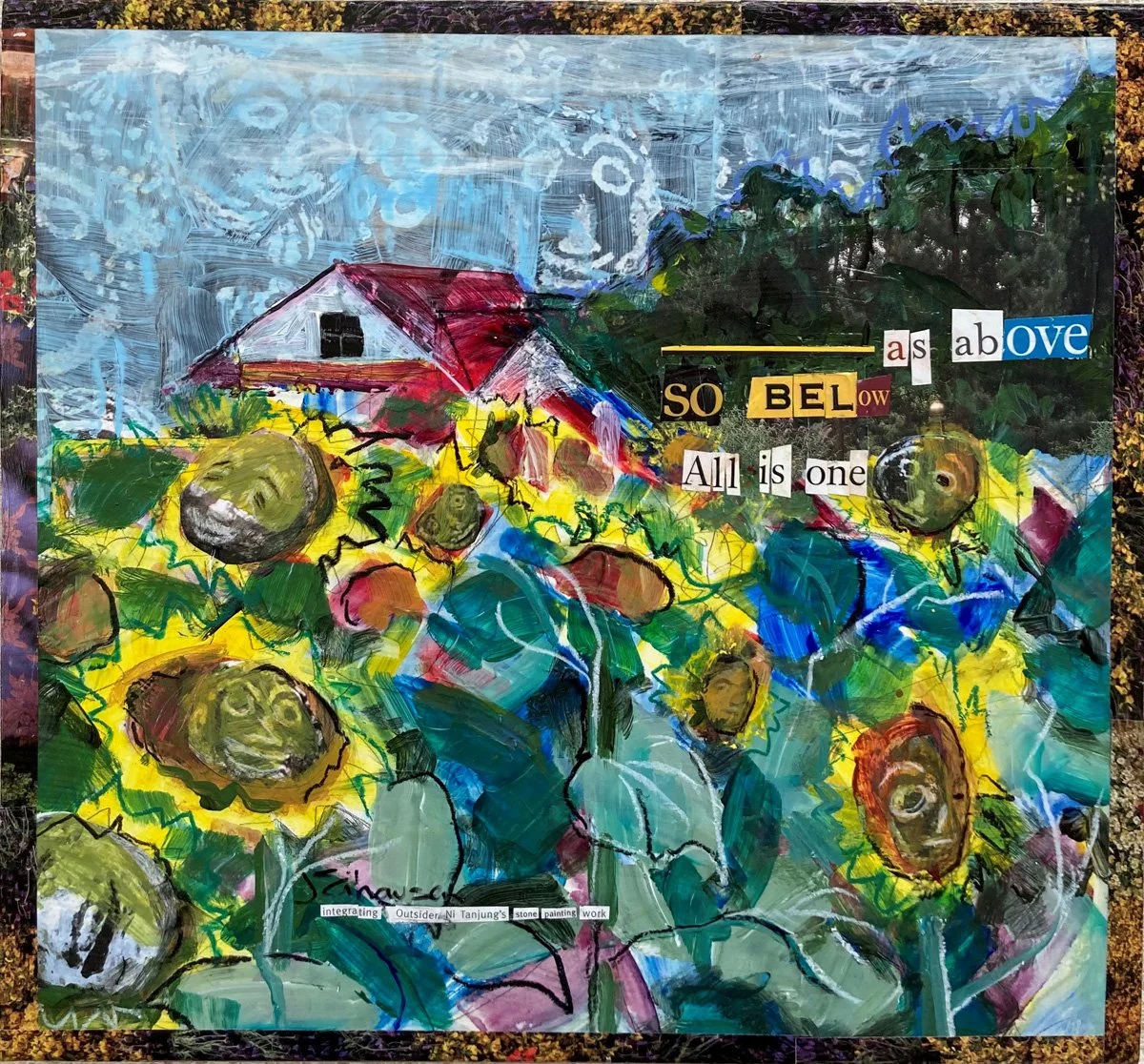 "As Above", 12” x 12”, Acrylic w/collage & crayon